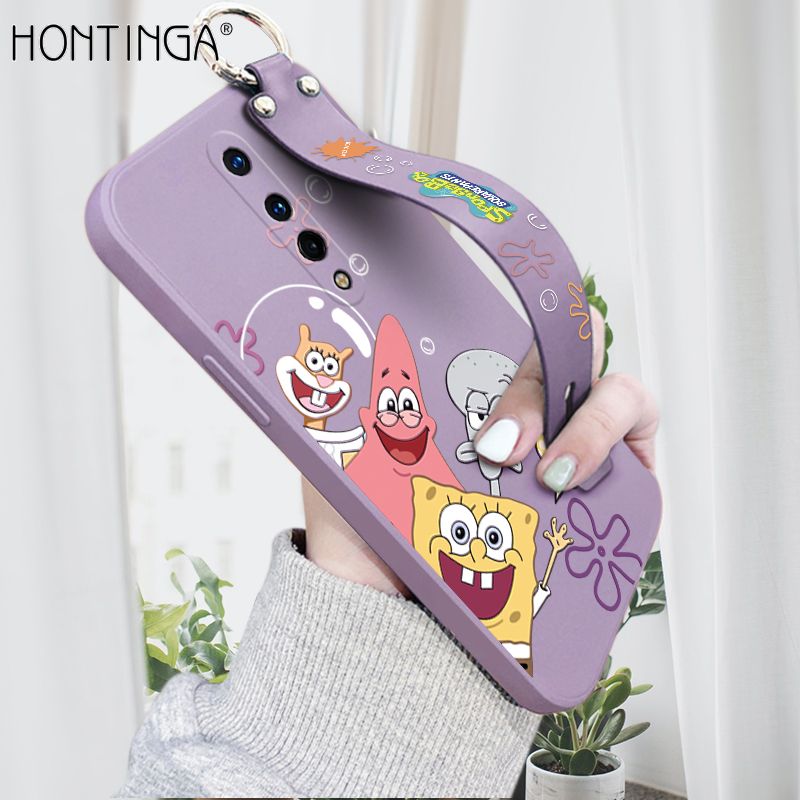 Hontinga for OnePlus 8 Wrist Strap Case Cute Cute Funny Cartoon Sponge for Square Pants Cover Square Edge Liquid Silicone Anti-drop Phone Case