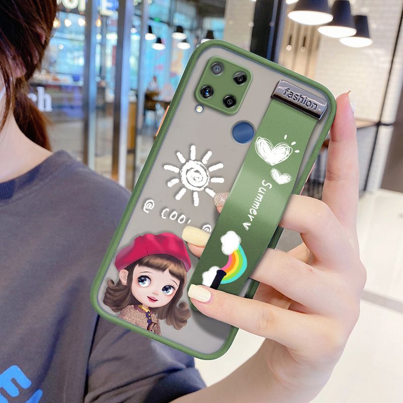 UCUC for Realme C15 Wrist Strap Case Lovely Cartoon Red Hat Girl Wristband Printing Cover Shockproof Frosted Phone Case