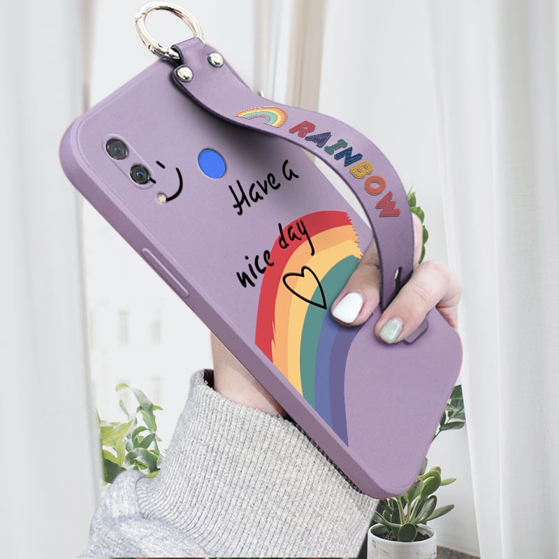 Hontinga for Huawei Nova 3i Wrist Strap Case Lovely Graffiti Rainbow Smile Thin Phone Cover Square Edge Liquid Silicone Creativity Phone Case
