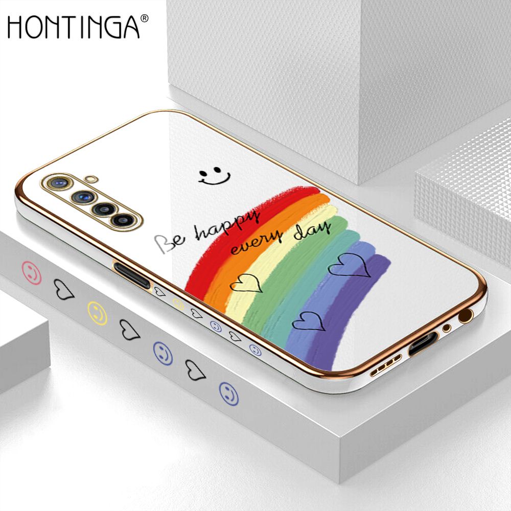 Hontinga for Realme 6 Pro Back Cover + Free Lanyard Luxury 6D Plating Smile Rainbow Side Pattern Case Soft Silicone Square Mobile Cover