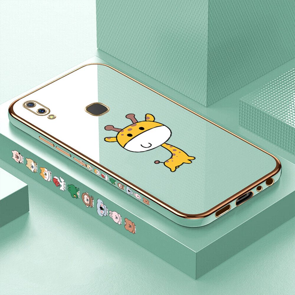 Luxury 6D Plating Case for Vivo V9 Color Cute Giraffe Side Pattern Back Cover Soft Silicone Square Frame Shiny Bling Phone Cases + Free Lanyard