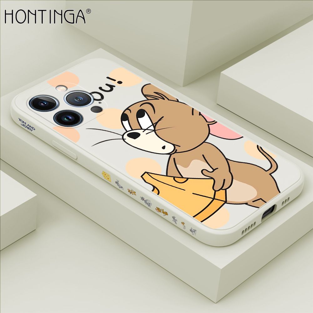 Hontinga for iPhone 13 Pro Case Side Design Cute Cartoon Mouse Back Cover Soft Square Edge Pattern Liquid Silicone Trend Phone Cases
