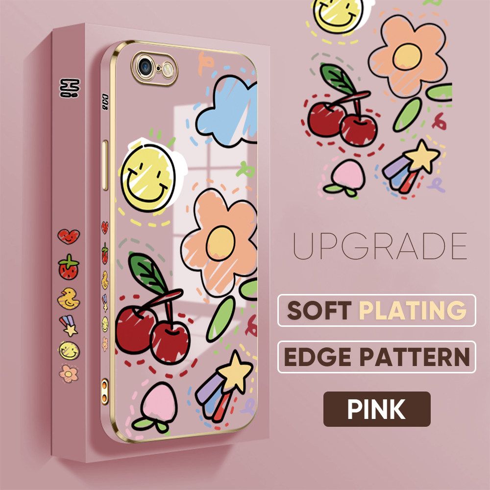 TA for iPhone 6 6S Back Cover + Free Lanyard Colorful Fruit Painting Luxury 6D Plating Case Side Pattern Soft Silicone Square Phone Cases