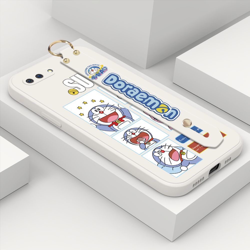 ZeroQiQi for OPPO A12E Wrist Strap Case Cute Cute Cartoon Blue Cat Daily Life Cover Square Edge Liquid Silicone Creative Phone Protective Cases