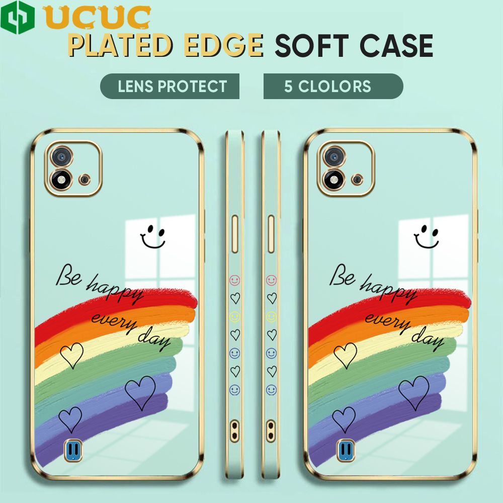 UCUC for Realme C20 / Realme C20A / Realme C11 2021 Back Cover + Free Lanyard Rainbow Doodle Luxury 6D Plating Case Side Pattern Soft Silicone Square Phone Cases