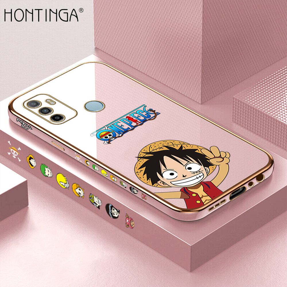 Hontinga for OPPO A33 2020 Back Cover + Free Lanyard Luxury 6D Plating Anime Cartoon Happy Luffy Side Pattern Case Soft Silicone Square Mobile Cover