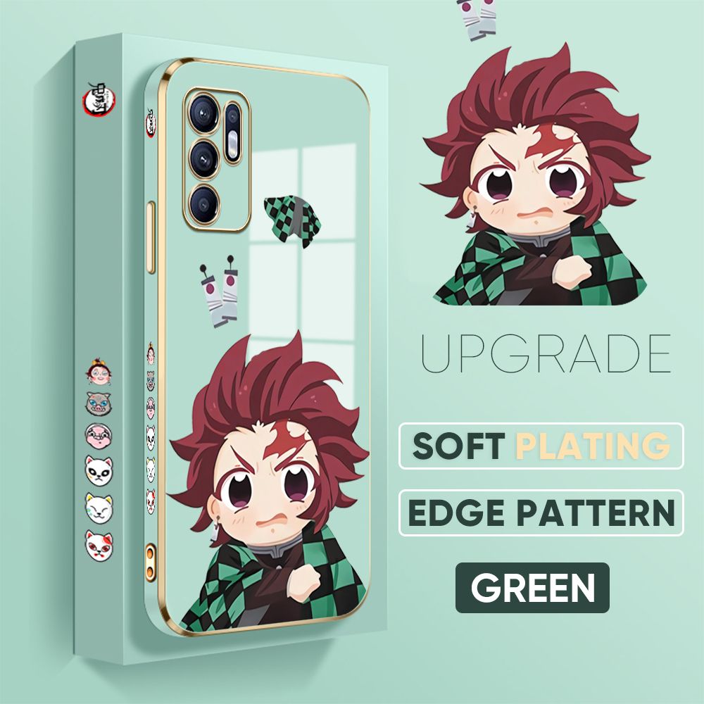 Jizetin (Free Lanyard) OPPO Reno6 Cover Wronged Tanjiro Luxury 6D Plating Soft Casing Silicone Square Frame Phone Case Shiny Bling Back Cover
