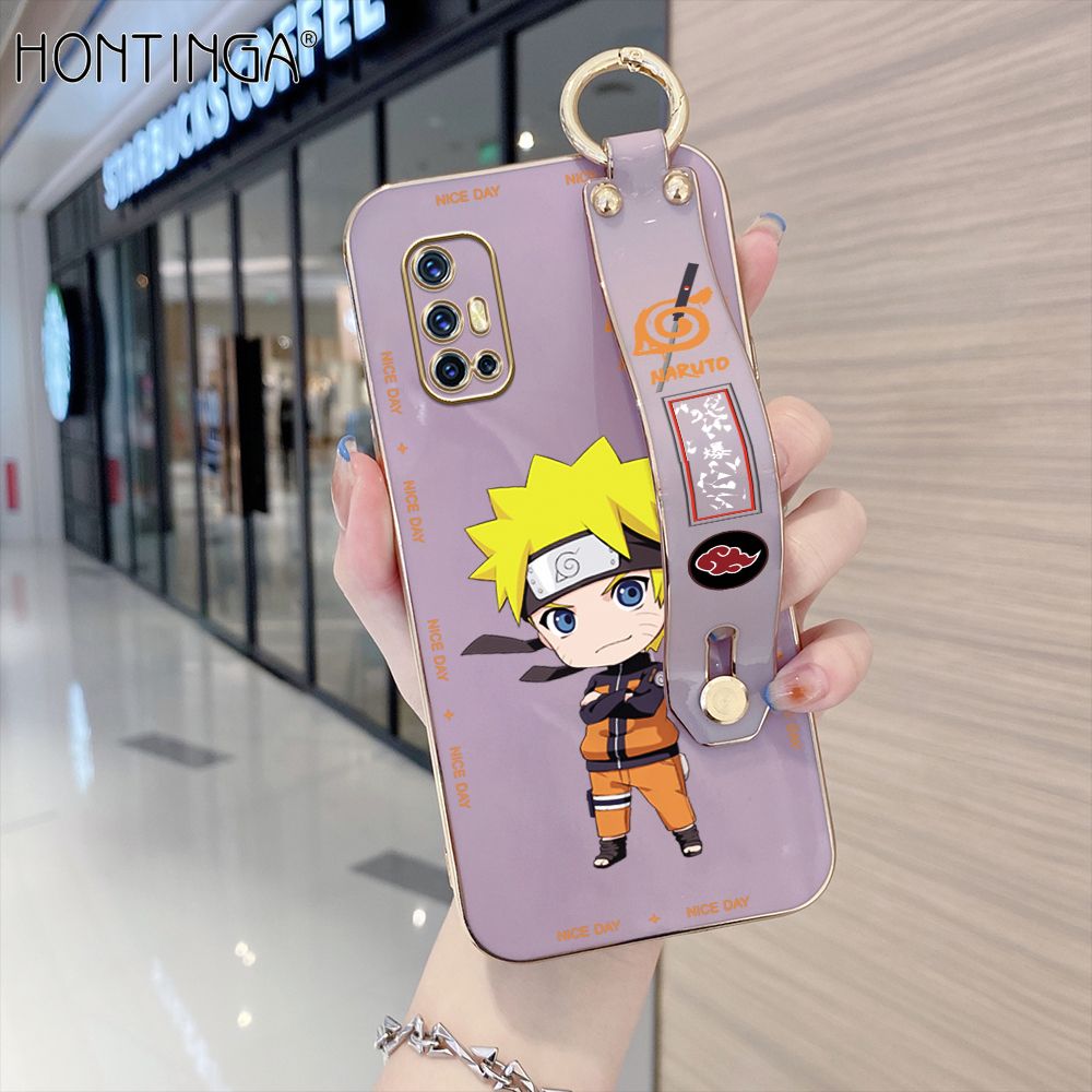 Hontinga for Vivo V17 / V19 Neo Back Cover With Wristband Luxury 6D Plating Anime Naruto Uzumaki Case Soft Silicone Square Phone Cases