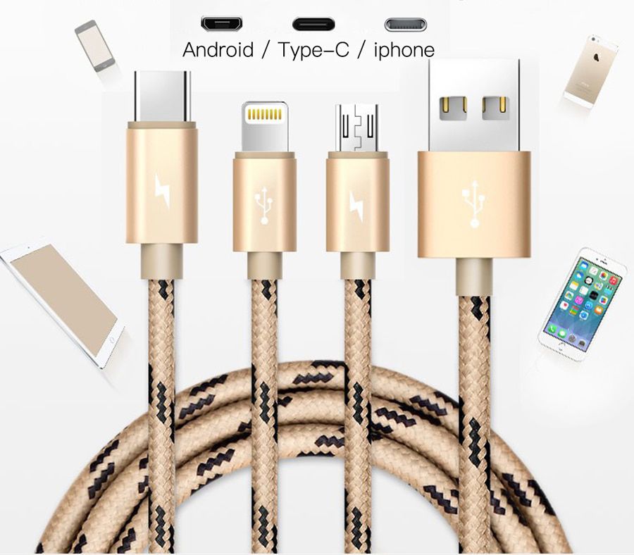 TREQA 3-In-1 USB Data Cable Aluminium Alloy charging Cable For Android/ IOS/ Type-C