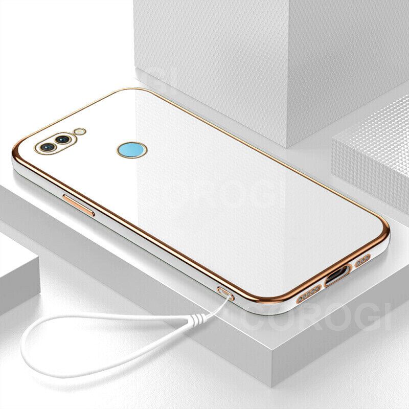 For OPPO A12 A7 A5s Cover with Wrist Strap Fashion Shiny Plating Square Bumper Girls Phone Case Soft TPU Silicone Shockproof Protective Back Cover