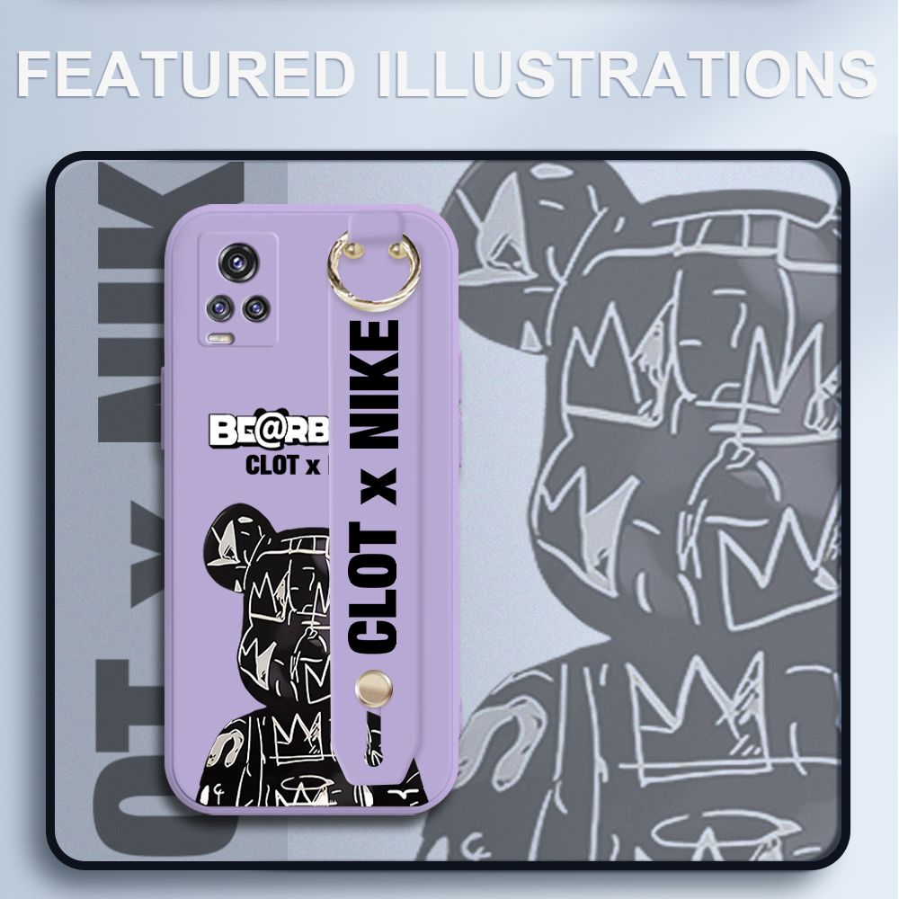 UCUC for Vivo V20 Pro Wrist Strap Case Creative Cartoon Black Stitching Bear Cover Ultra Thin Anti Fall Liquid Silicone Phone Case
