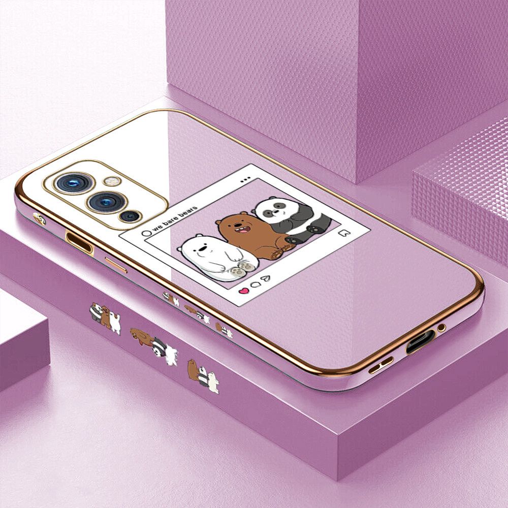 Luxury 6D Plating Case for OnePlus 9 Cute Cartoon Anime Bears Side Pattern Back Cover Soft Silicone Square Frame Shiny Bling Phone Cases + Free Lanyard