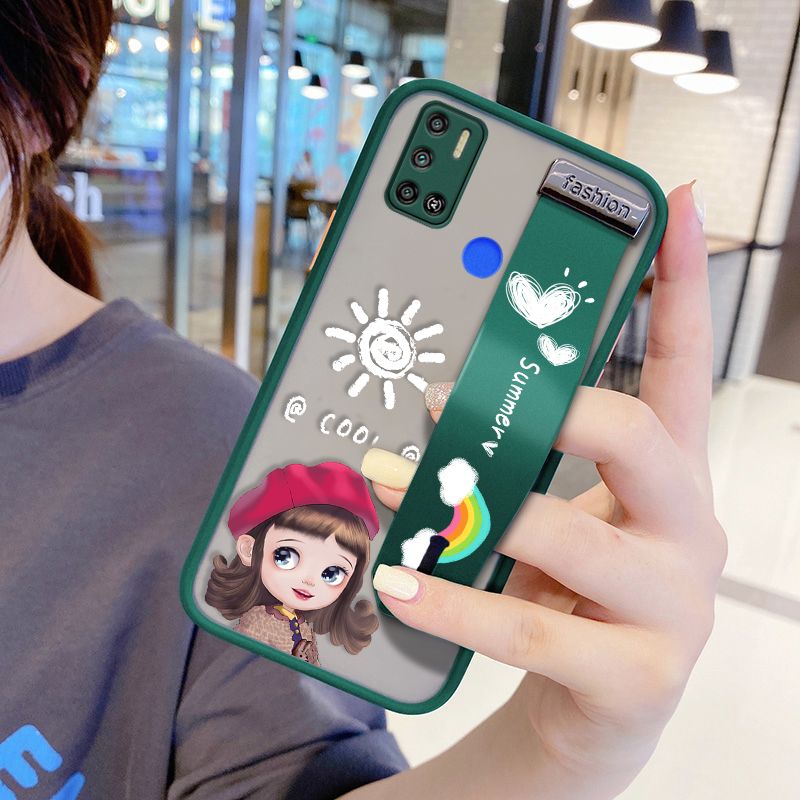 UCUC for Tecno Spark 5 Air Wrist Strap Case Lovely Cartoon Red Hat Girl Wristband Printing Cover Shockproof Frosted Phone Case