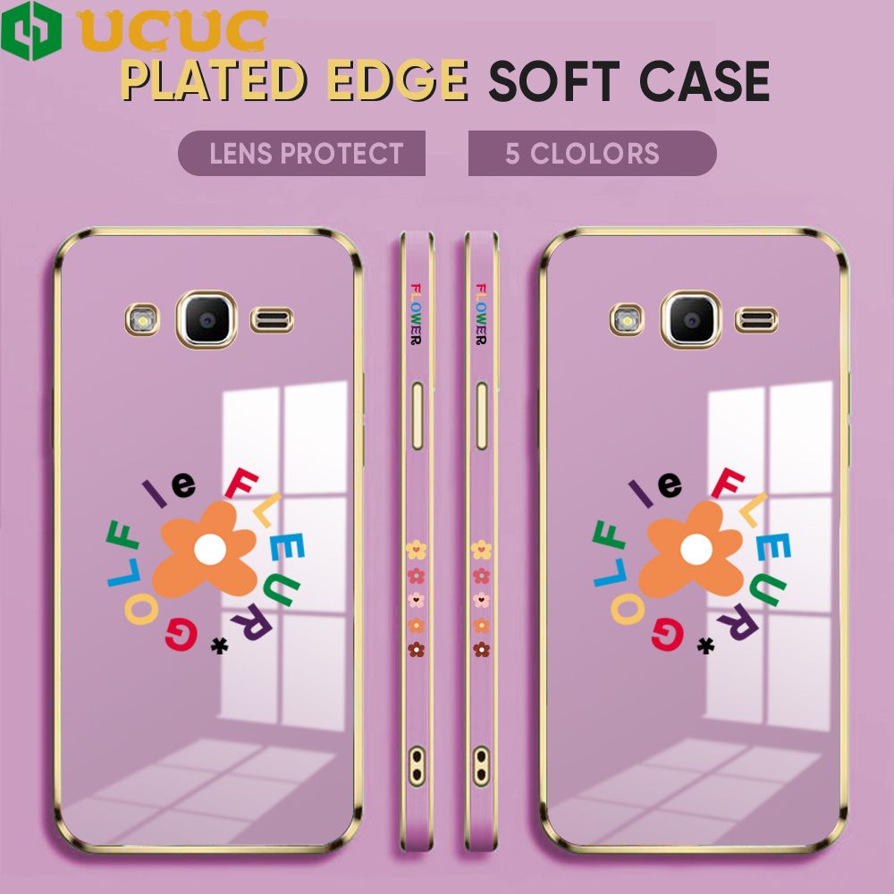 UCUC for Samsung Galaxy J2 Prime Back Cover + Free Lanyard Colorful Flower Luxury 6D Plating Case Side Pattern Soft Silicone Square Phone Cases