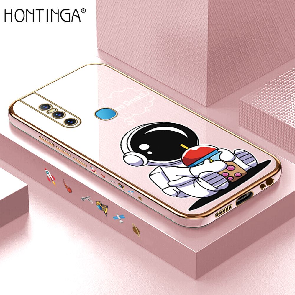 Hontinga for Vivo V15 Back Cover + Free Lanyard Luxury 6D Plating Cartoon Happy Astronaut Side Pattern Case Soft Silicone Square Mobile Cover