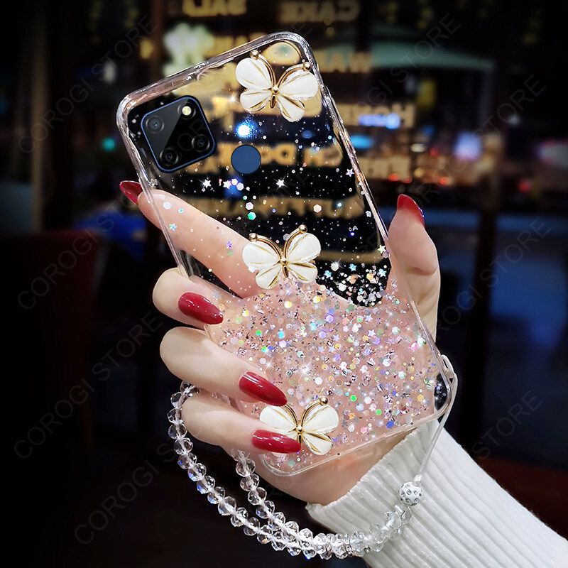 For Realme C21Y Cover + Crystal Wrist Strap Fashion 3D Rhinestone Butterfly Shiny Glitter Girls Phone Case Clear Soft Silicone Bumper Shockproof Protective Back Cover