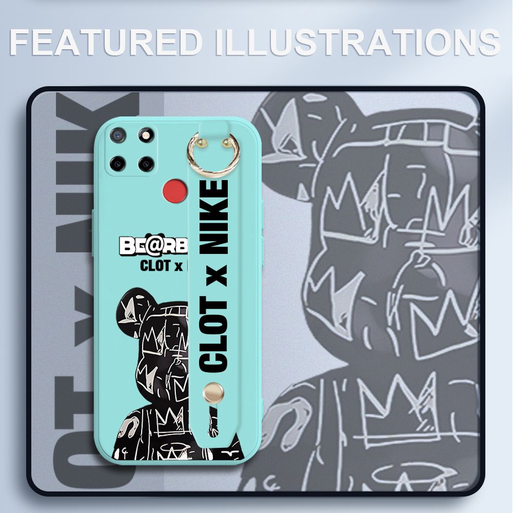 UCUC for Realme C12 Wrist Strap Case Creative Cartoon Black Stitching Bear Cover Ultra Thin Anti Fall Liquid Silicone Phone Case