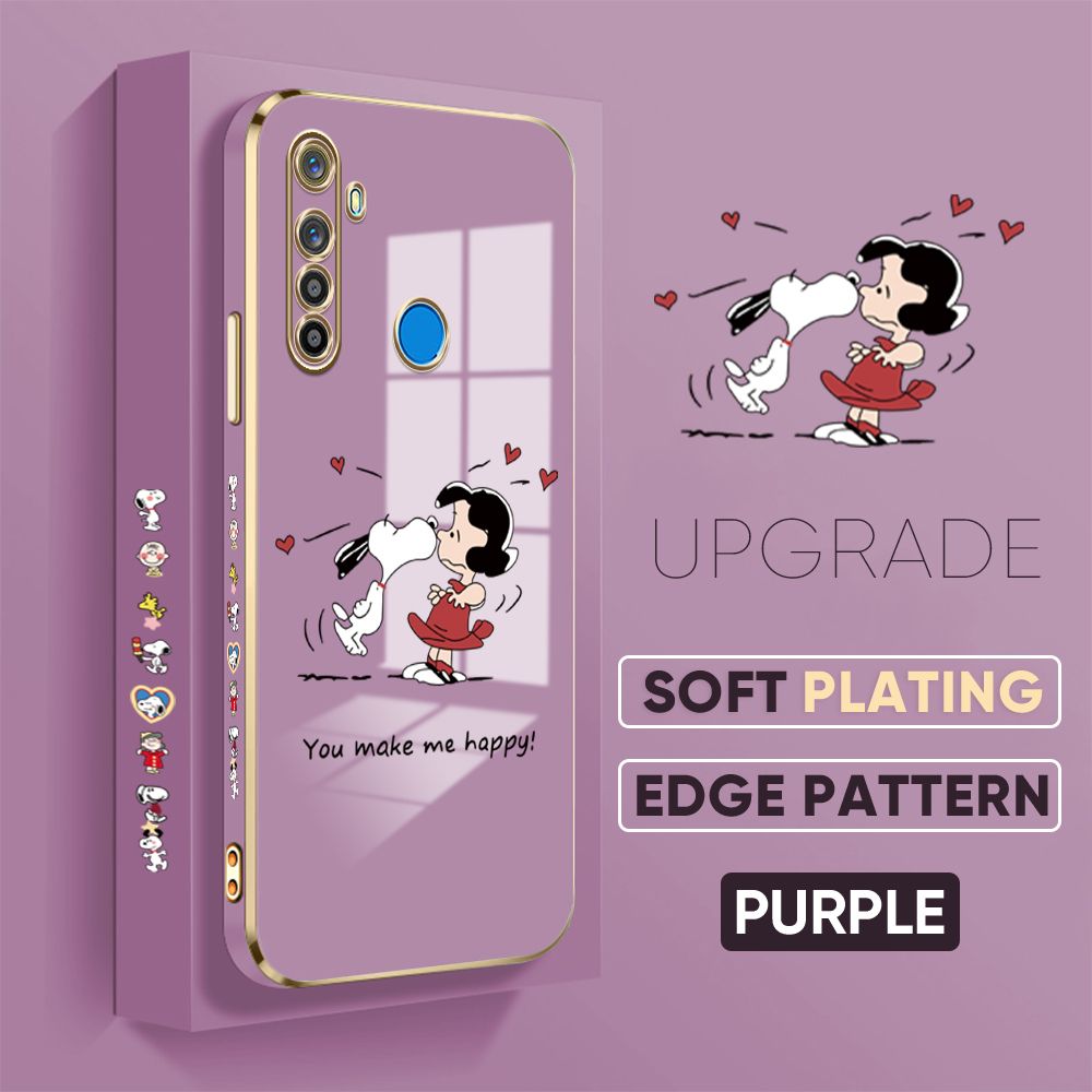 TA for Realme 5 5i 5S 6i Back Cover + Free Lanyard Happy Puppy Luxury 6D Plating Case Side Pattern Soft Silicone Square Phone Cases