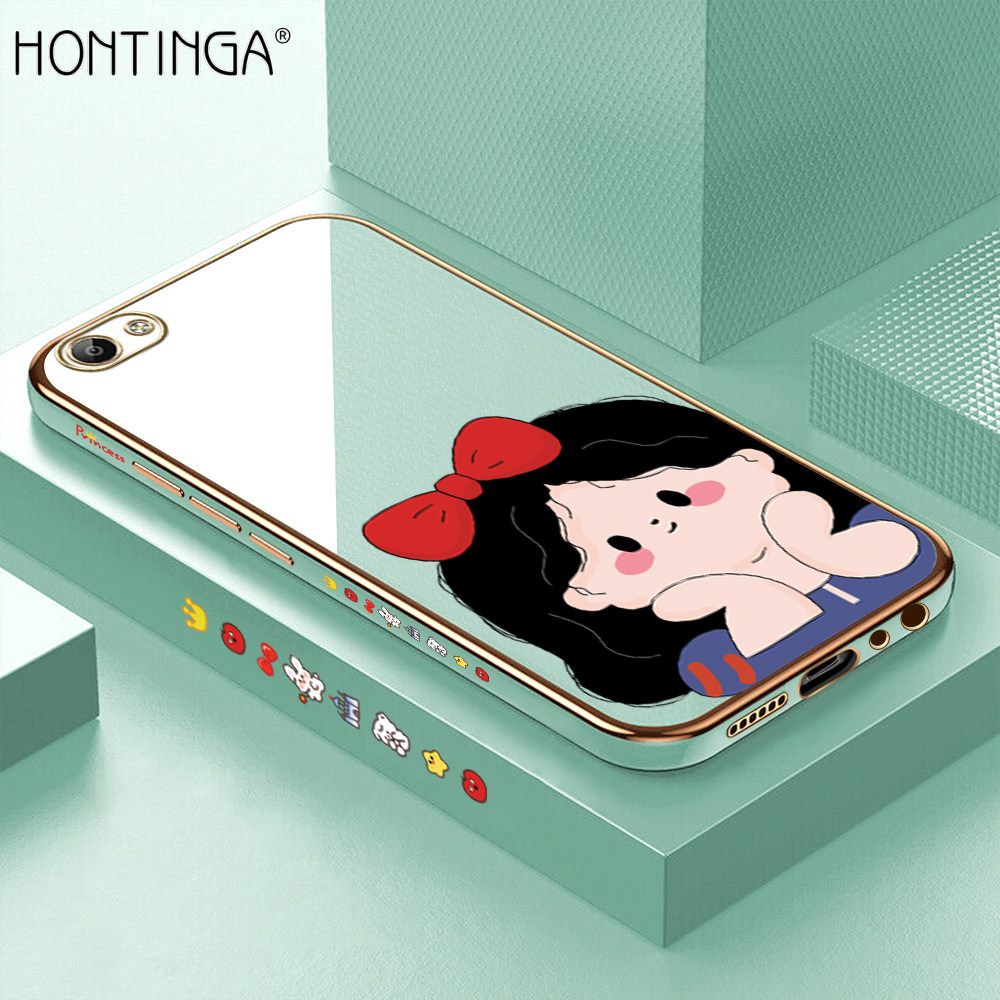 Hontinga for Vivo V5 / V5S / V5 Lite Back Cover + Free Lanyard Luxury 6D Plating Cute Bow Girl Side Pattern Case Soft Silicone Square Mobile Cover