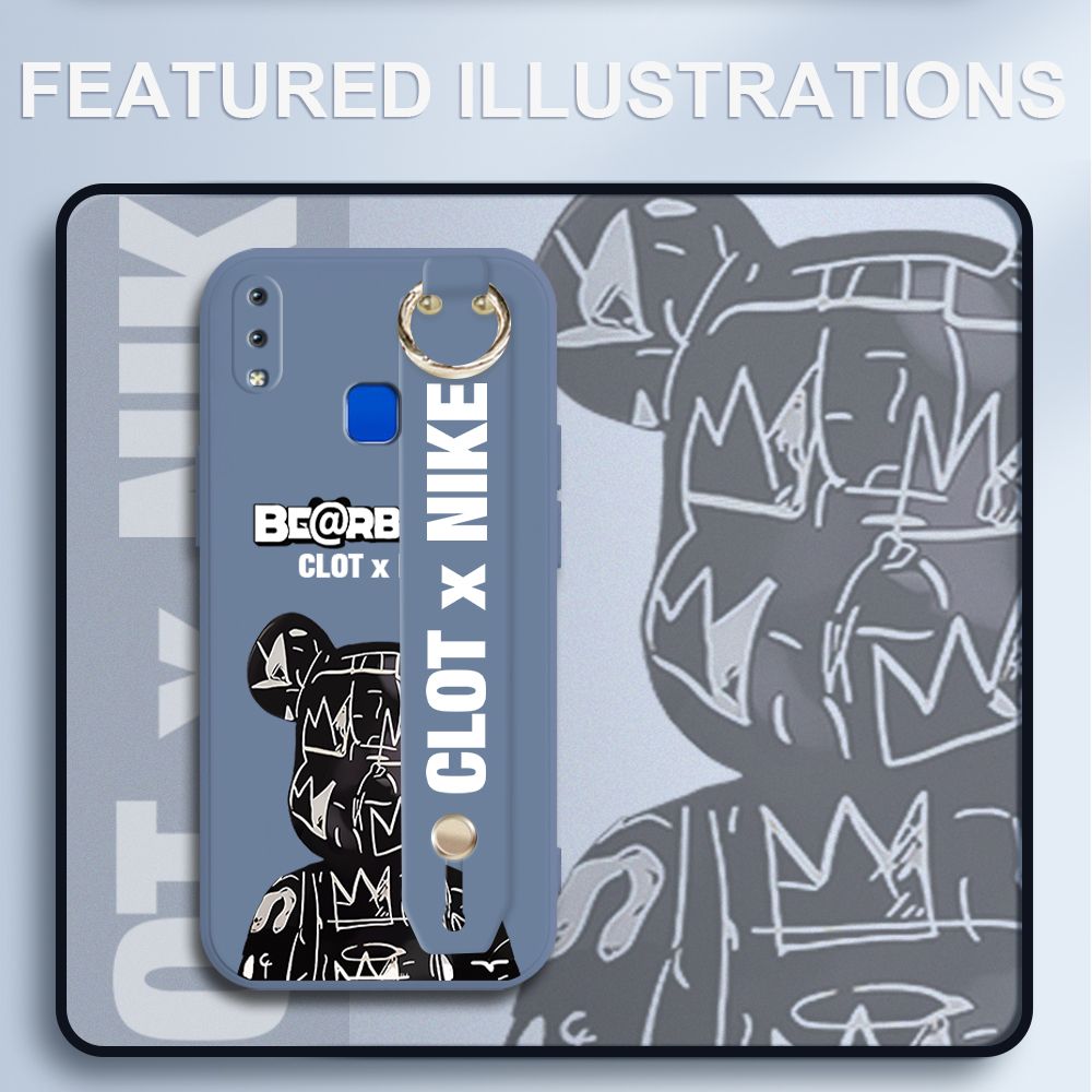 UCUC for Vivo Y91 Wrist Strap Case Creative Cartoon Black Stitching Bear Cover Ultra Thin Anti Fall Liquid Silicone Phone Case