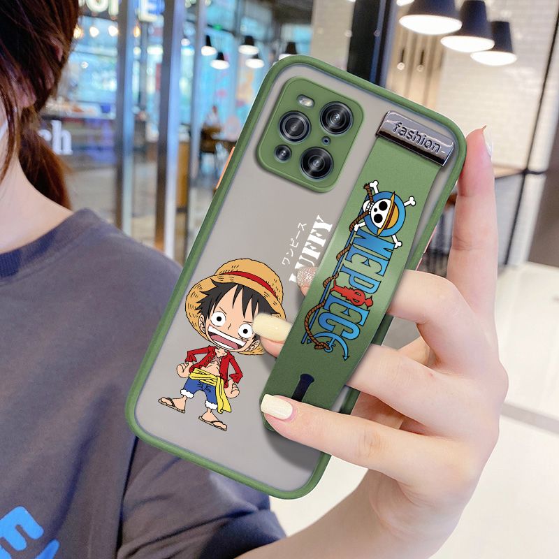 UCUC for OPPO Find X3 5G Wrist Strap Case Anime One Piece Luffy Wristband Printing Cover Shockproof Frosted Phone Case
