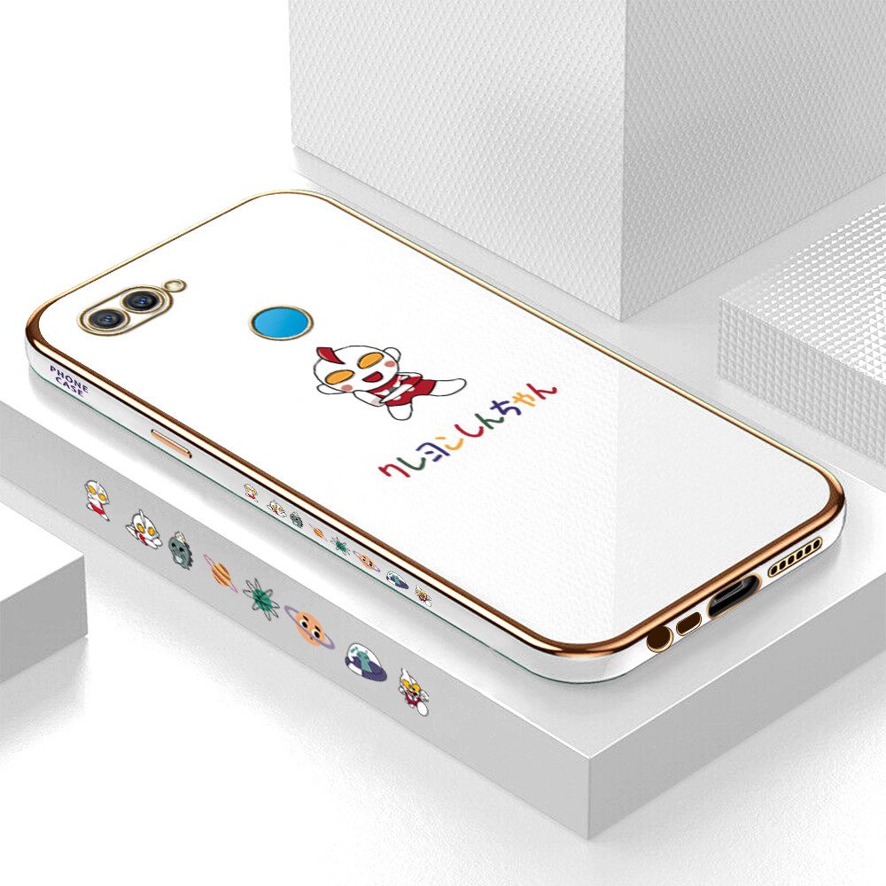 Luxury 6D Plating Case for OPPO A7 Cute Cartoon Side Pattern Back Cover Soft Silicone Square Frame Shiny Bling Phone Cases + Free Lanyard