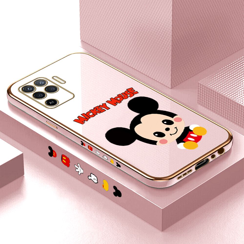 Luxury 6D Plating Case for OPPO Reno5 F Cute Cartoon Mouse Side Pattern Back Cover Soft Silicone Square Frame Shiny Bling Phone Cases + Free Lanyard