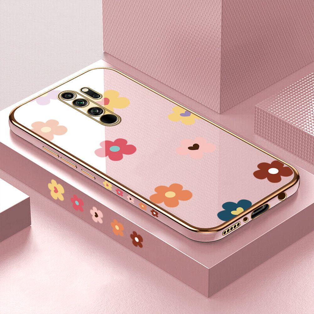 Luxury 6D Plating Case for Redmi Note 8 Pro Color Cartoon Flowers Side Pattern Back Cover Soft Silicone Square Frame Shiny Bling Phone Cases + Free Lanyard