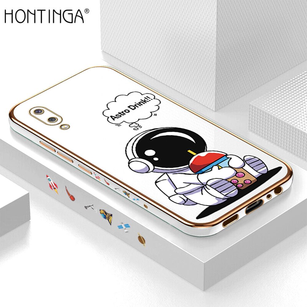 Hontinga for Samsung M02 A02 Back Cover + Free Lanyard Luxury 6D Plating Cartoon Happy Astronaut Side Pattern Case Soft Silicone Square Mobile Cover