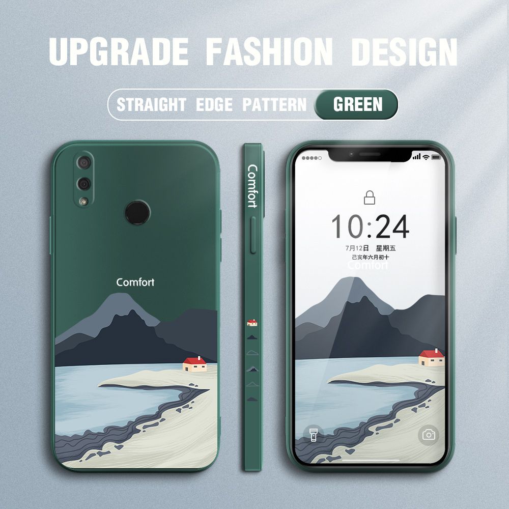 Jizetin for Huawei Y9 2019 Case Mount Fuji Design Side Design Phone Case Square Edge Pattern Liquid Silicone Cases Full Cover Camera Shockproof Protective Case