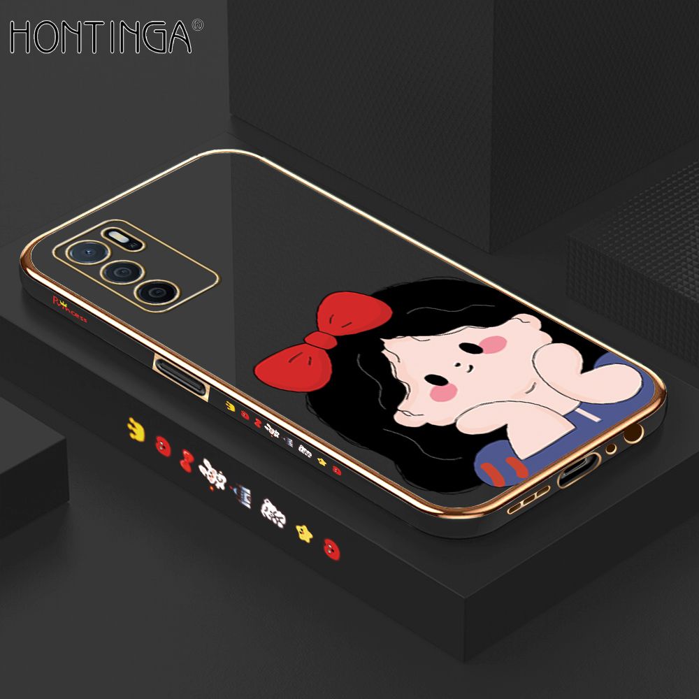 Hontinga for OPPO A16 Back Cover + Free Lanyard Luxury 6D Plating Cute Bow Girl Side Pattern Case Soft Silicone Square Mobile Cover