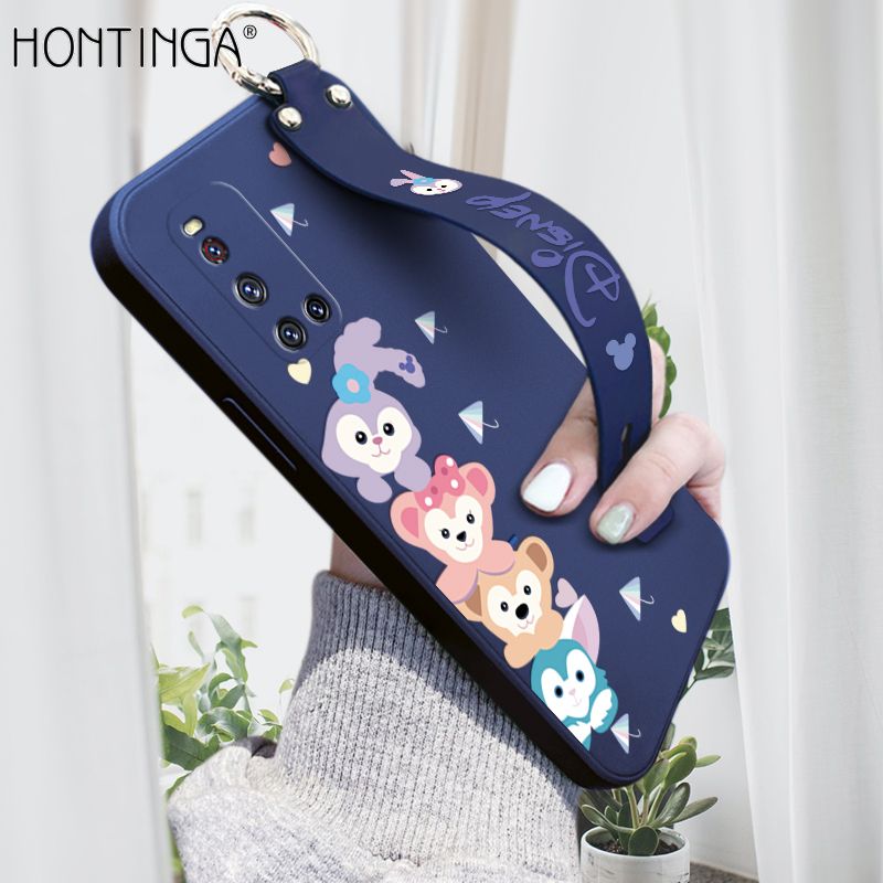 Hontinga for Vivo V19 Wrist Strap Case INS Cute Style Creative Cartoon Rabbit and Fox Cover Thin Square Edge Liquid Silicone Phone Case