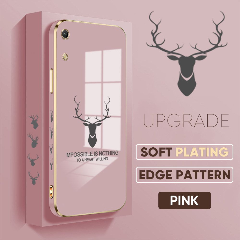 TA for Honor Y6 Pro 2019 / 8A Back Cover + Free Lanyard Simple Antlers Luxury 6D Plating Case Side Pattern Soft Silicone Square Phone Cases
