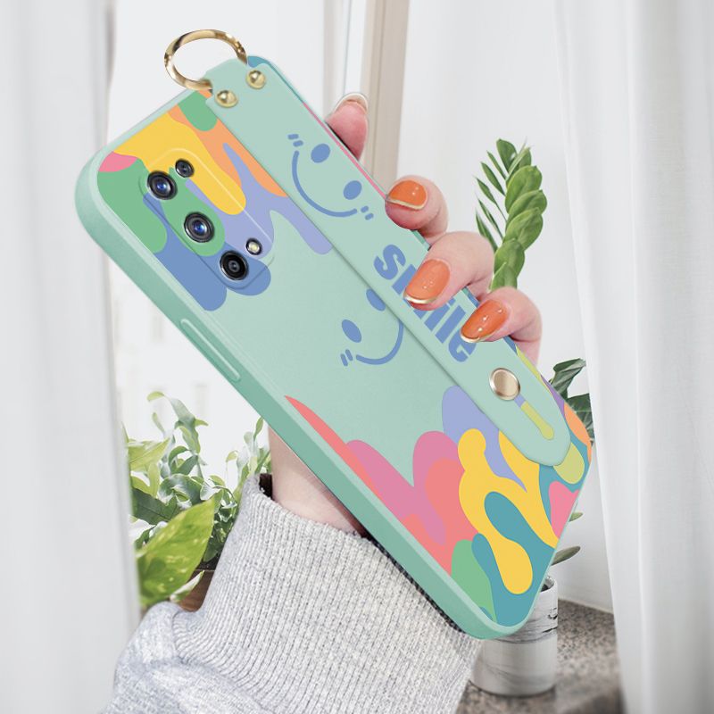 Jizetin for Realme X7 Pro 5G Wrist Strap Case Soft Candy Color Splash Ink Cover Ultra Thin Anti Fall Liquid Silicone Phone Case