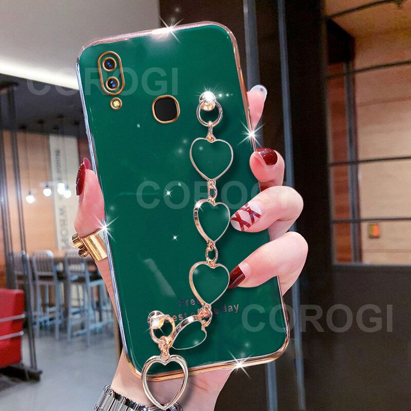 For Vivo Y95 Y93 Y91 Cover + Love Heart Bracelet Fashion Shiny Wrist Chain Plating Bumper Slim Phone Case Soft TPU Silicone Shockproof Protective Back Cover