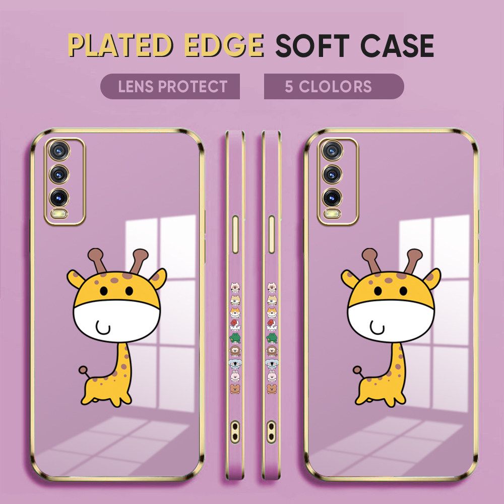 Luxury 6D Plating Case for Vivo Y20i Phone Cases Cartoon Cute Giraffe Side Print Soft Silicone Square Back Cover