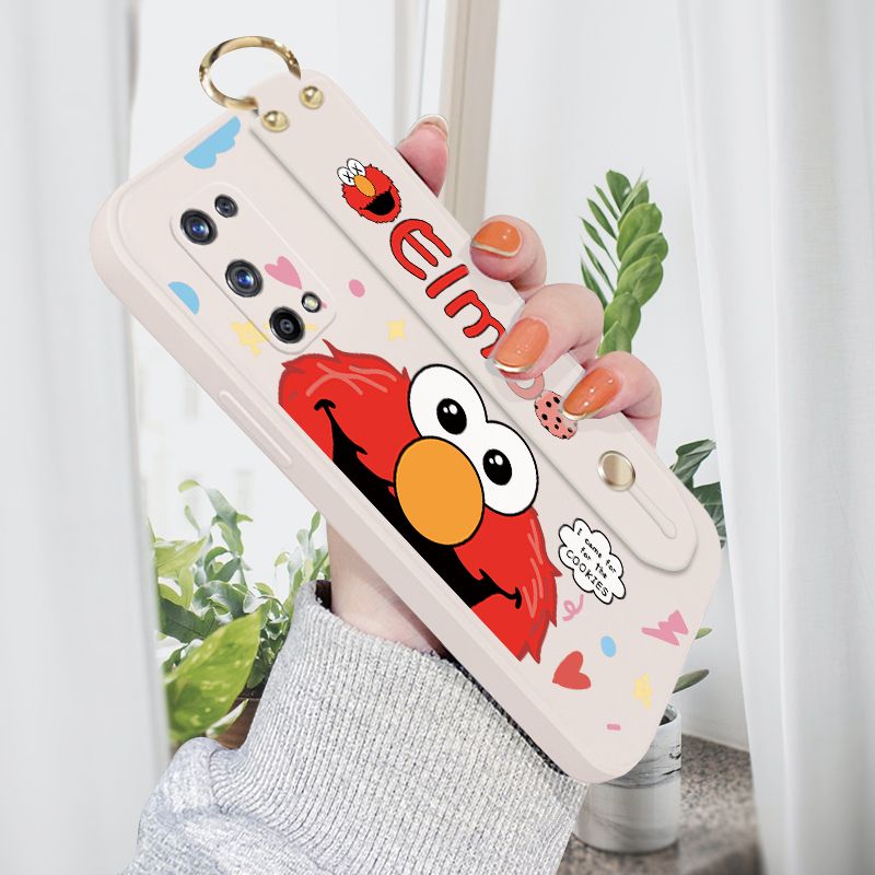 Jizetin for Realme X7 Pro Wrist Strap Case Creative Cartoon Red Haired Monster Cover Ultra Thin Anti Fall Liquid Silicone Phone Case