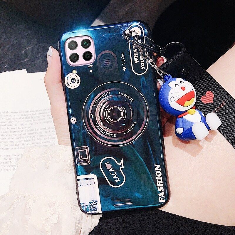 For Huawei Nova 7i Cover + Wrist Lanyard & Cute Cartoon Doll Fashion Camera Pattern Slim Phone Case Soft TPU Silicone Shockproof Protective Back Cover
