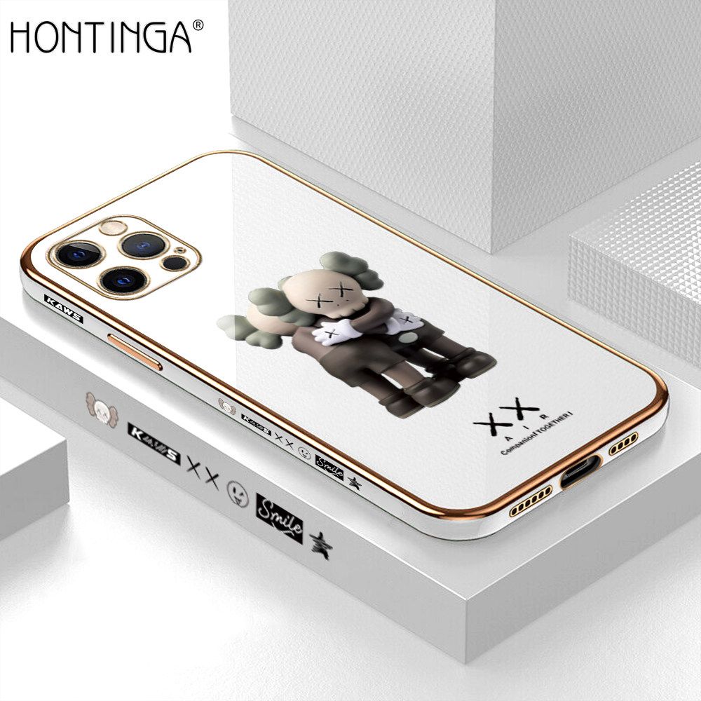 Hontinga for iPhone 12 Pro Max Back Cover + Free Lanyard Luxury 6D Plating Cartoon Hug bear Side Pattern Case Soft Silicone Square Mobile Cover