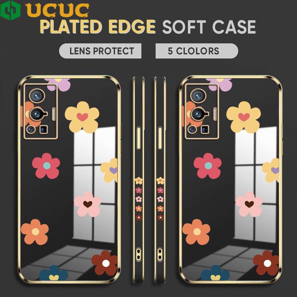 UCUC for Vivo X70 Pro 5G Back Cover + Free Lanyard INS Style Flower Luxury 6D Plating Case Side Pattern Soft Silicone Square Phone Cases