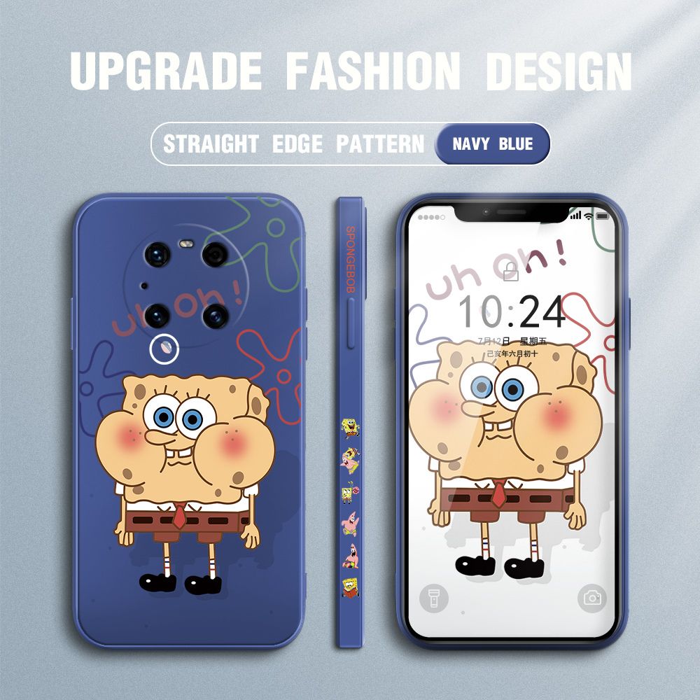 Jizetin for Huawei Mate 40 Pro Case Side Design Phone Cover New Cartoon SpongeBob SquarePants Cover Square Edge Pattern Liquid Silicone Trend Case