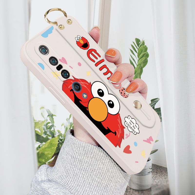 Jizetin for Xiaomi Mi 10 Pro Wrist Strap Case Creative Cartoon Red Haired Monster Cover Ultra Thin Anti Fall Liquid Silicone Phone Case