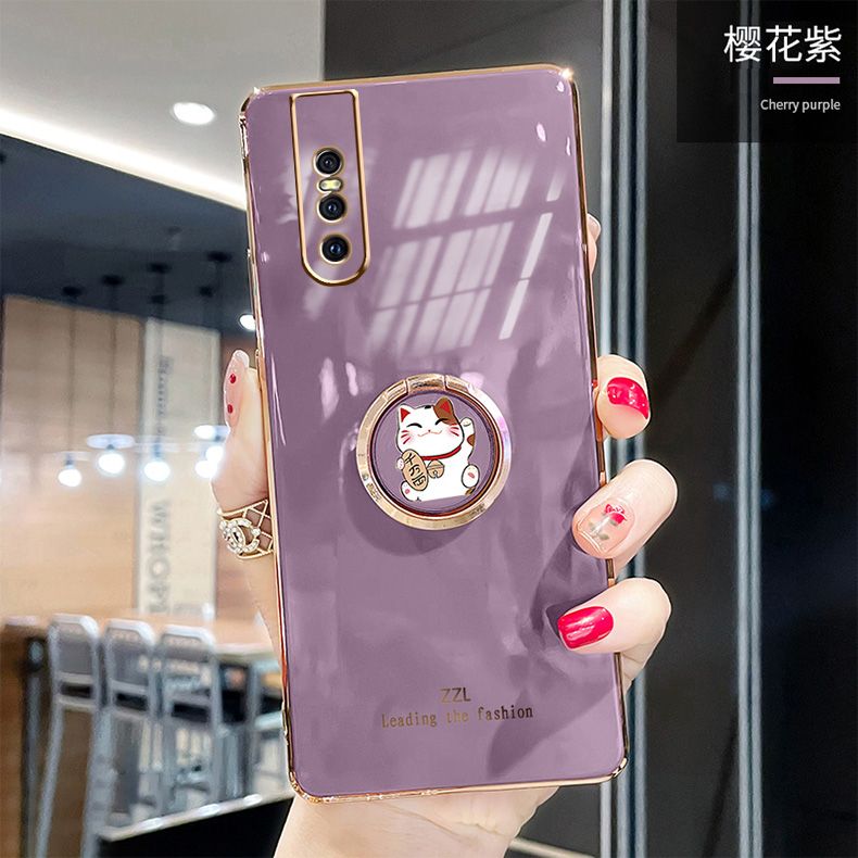 For Vivo V15 Pro Cover + Ring Holder Stand Shiny Plating Square Bumper Phone Case Lens Protection Soft Silicone Shockproof Protective Back Cover