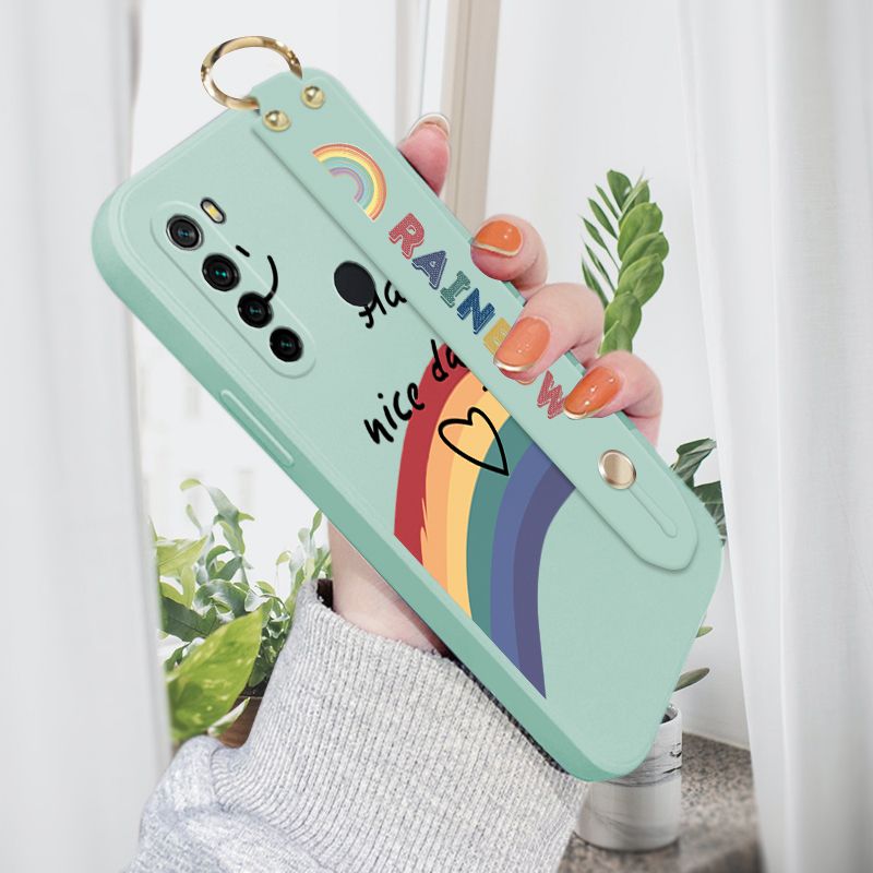 Jizetin for Xiaomi Redmi Note 8 Wrist Strap Case INS Style Smile Rainbow Cover Ultra Thin Anti Fall Liquid Silicone Phone Case