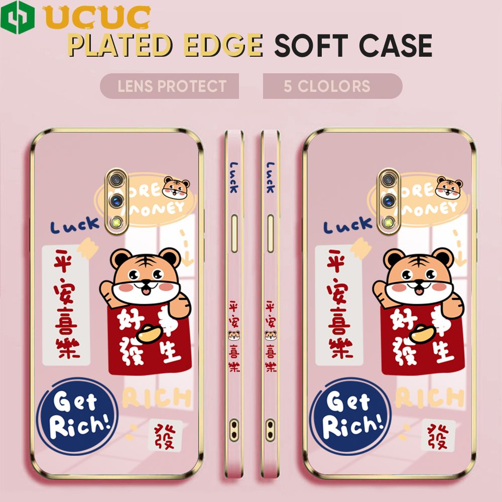 UCUC for Realme X Back Cover + Free Lanyard Auspicious Luxury 6D Plating Case Side Pattern Soft Silicone Square Mobile Phone Cases