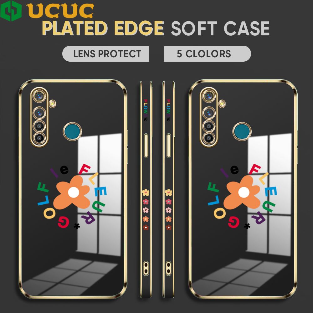 UCUC for Realme 5 Pro Back Cover + Free Lanyard Colorful Flower Luxury 6D Plating Case Side Pattern Soft Silicone Square Phone Cases