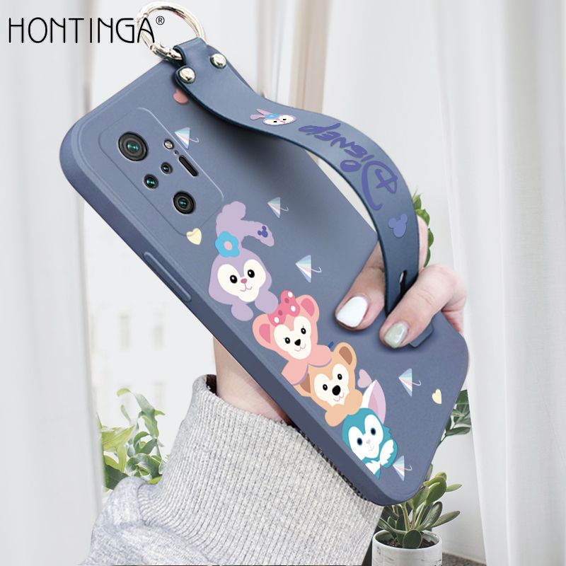 Hontinga for Redmi Note 10 Pro / Note 10 Pro Max Wrist Strap Case INS Cute Style Creative Cartoon Rabbit and Fox Cover Thin Square Edge Liquid Silicone Phone Case