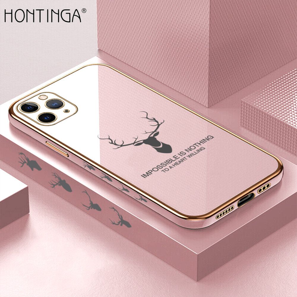 Hontinga for iPhone 11 Pro Max Back Cover + Free Lanyard Luxury 6D Plating Cartoon Lucky Side Pattern Case Soft Silicone Square Phone Cases