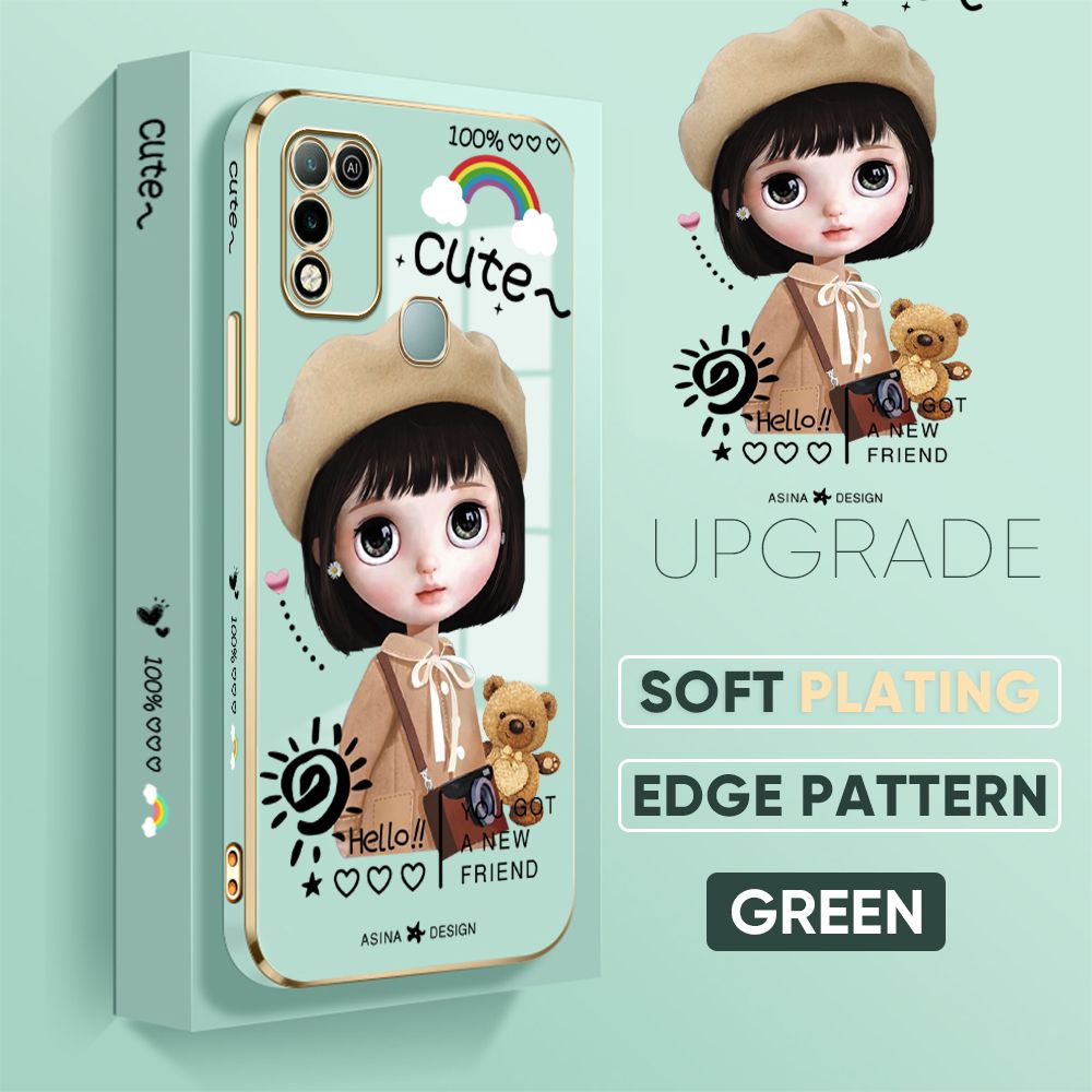 Jizetin (Free Lanyard) Infinix Hot 10 Play / Hot 11 Play Back Cover Fashion Girl Luxury 6D Plating Case Side Pattern Soft Silicone Square Phone Cases