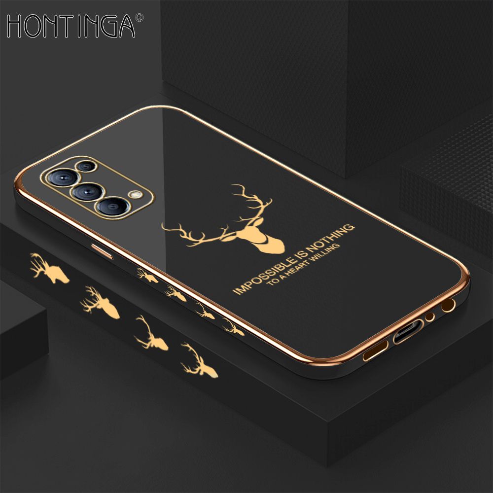 Hontinga for OPPO Reno5 5G Back Cover + Free Lanyard Luxury 6D Plating Cartoon Lucky Side Pattern Case Soft Silicone Square Phone Cases